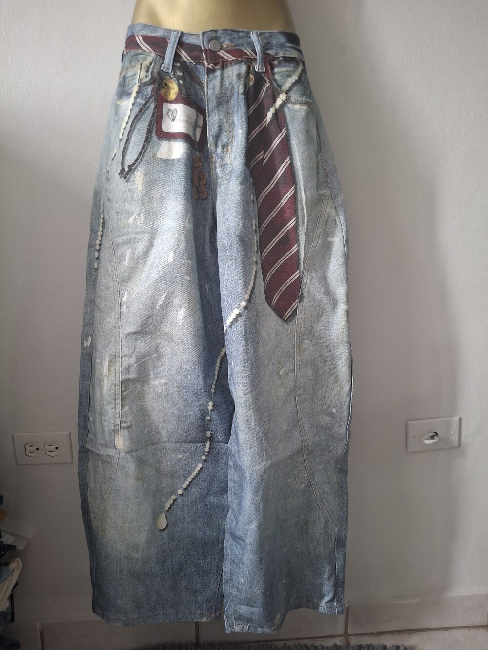 Wide Leg Denim Skirt with Printed Tie Detail